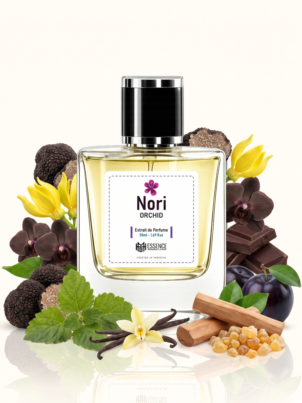 Nori Orchid scent notes — Black Truffle, Ylang-Ylang, Black Orchid, Dark Chocolate, Black Plum, Patchouli, Vanilla, Sandalwood, Frankincense — MHB Essence