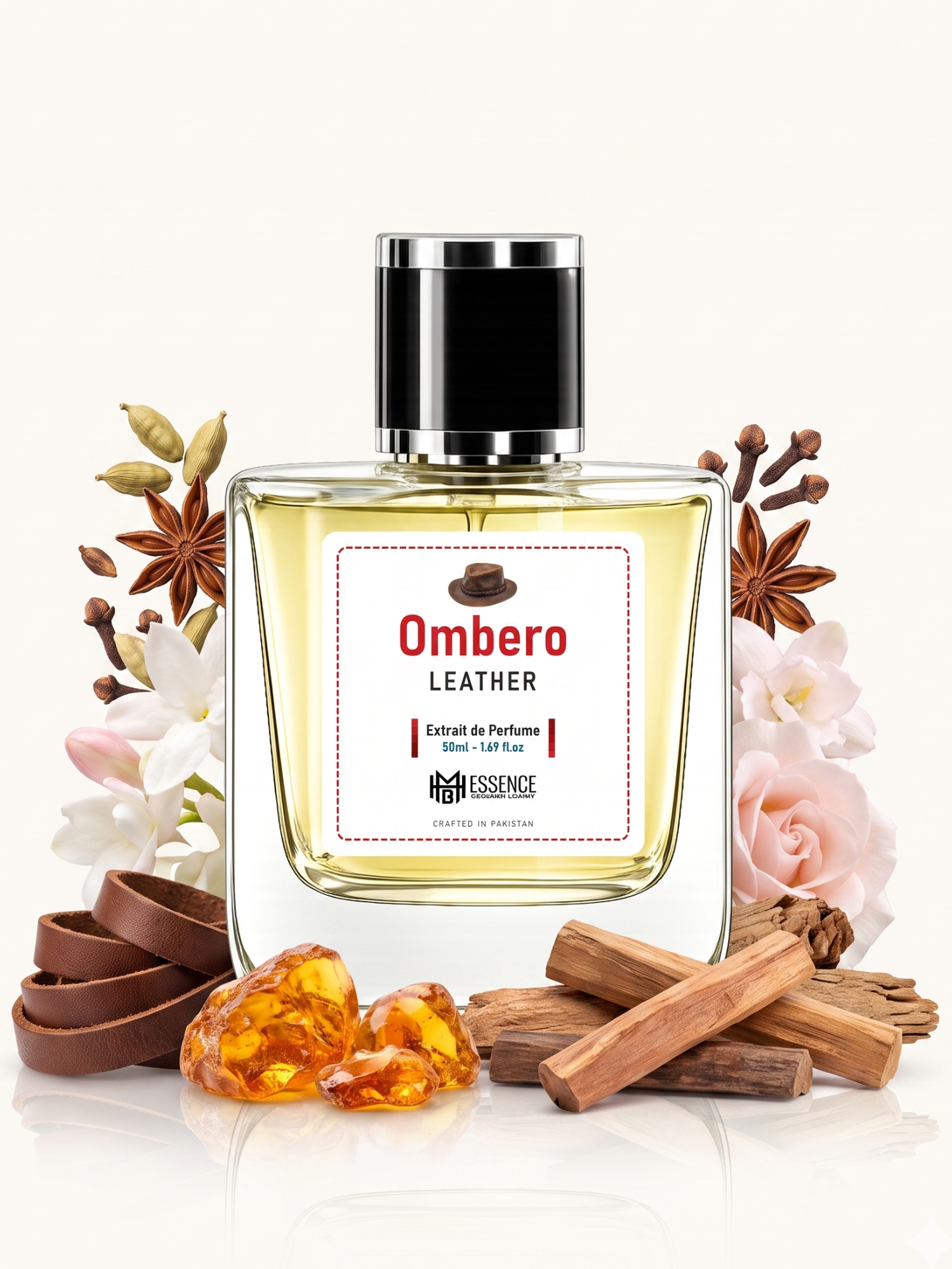 Ombreo Leather scent notes — Leather, Warm Spices, Soft Floral, Amber, Woods, Musk — MHB Essence