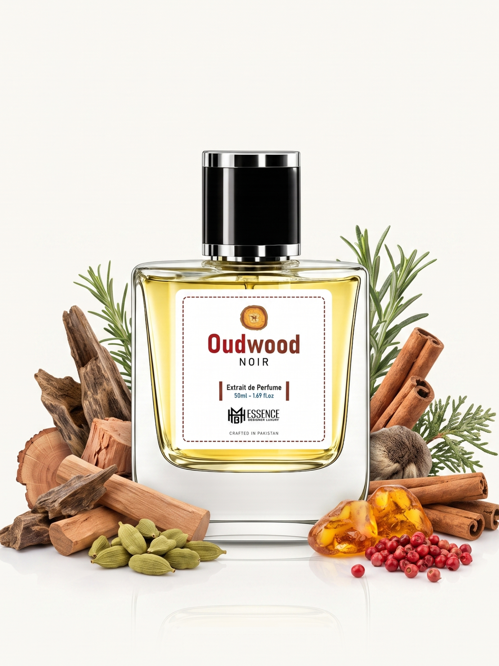 Oudwood Noir scent notes — Rare Woods, Spices, Oud, Woody, Aromatic, Amber, Musk — MHB Essence