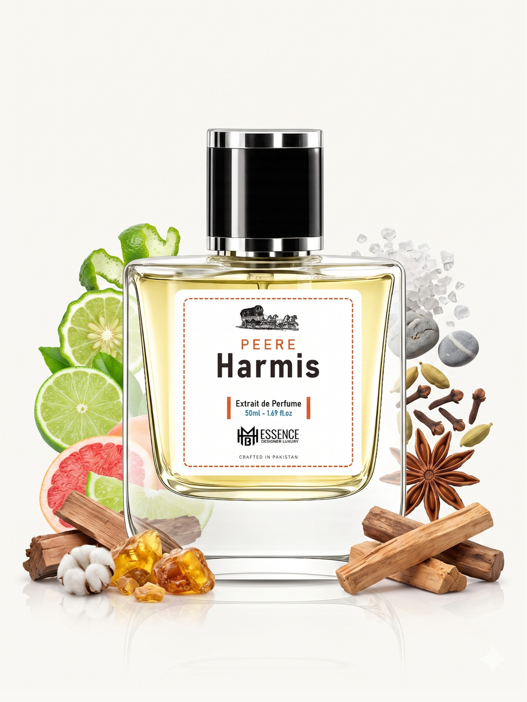 Peere Harmis scent notes — Fresh Citrus, Mineral, Spicy, Woods, Amber, Musk — MHB Essence