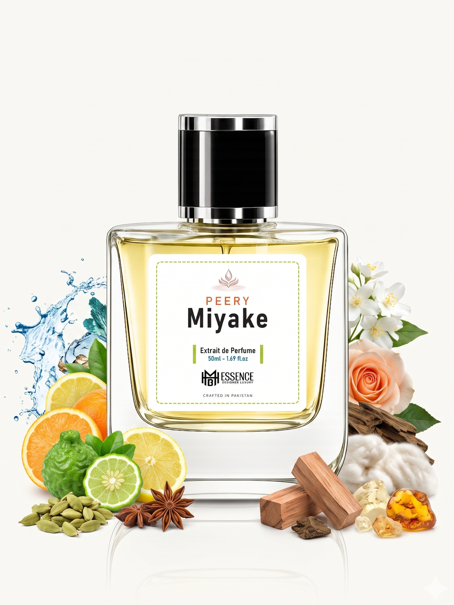 Peery Miyake scent notes — Aquatic, Citrus, Soft Spices, Floral, Woods, Musk, Amber — MHB Essence