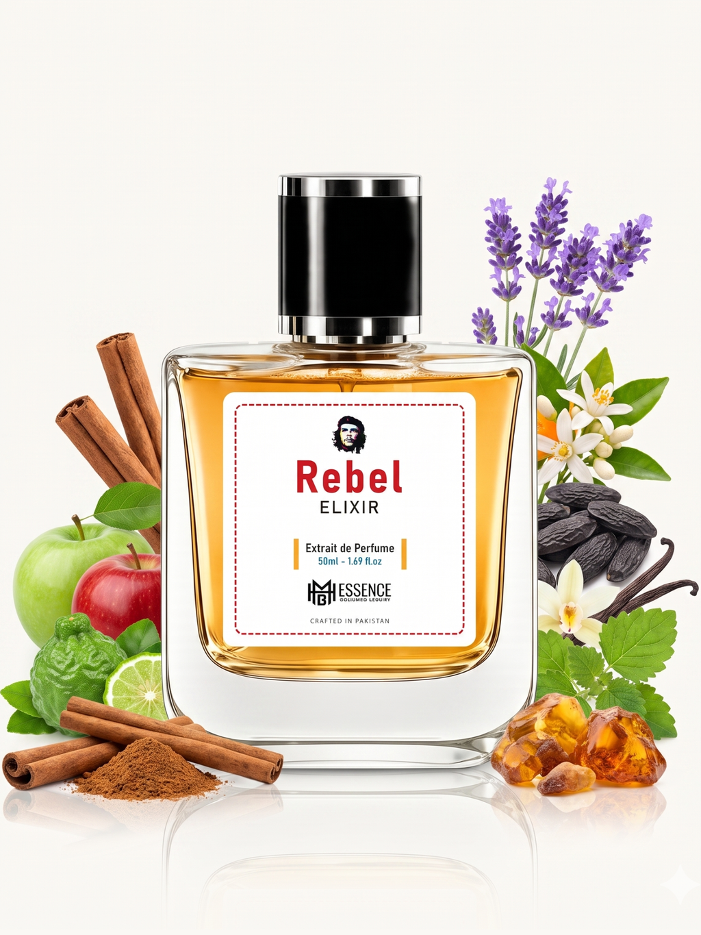 Rebel Elixir scent notes — Cinnamon, Bergamot, Apple, Lavender, Orange Blossom, Vanilla, Tonka Bean, Patchouli, Amber — MHB Essence