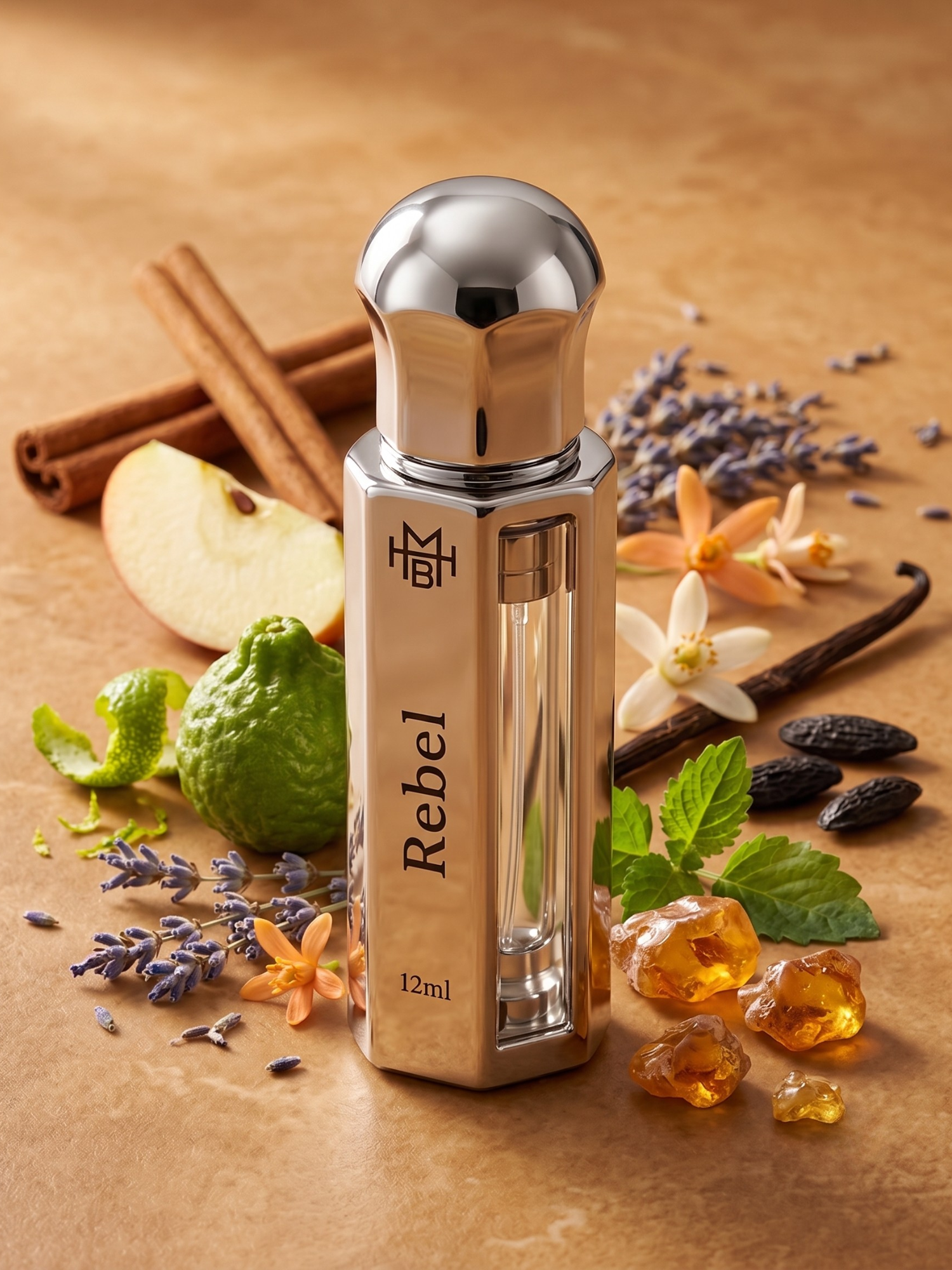 Rebel Attar scent notes — cinnamon, bergamot, apple, lavender, orange blossom, vanilla, tonka bean, patchouli, amber