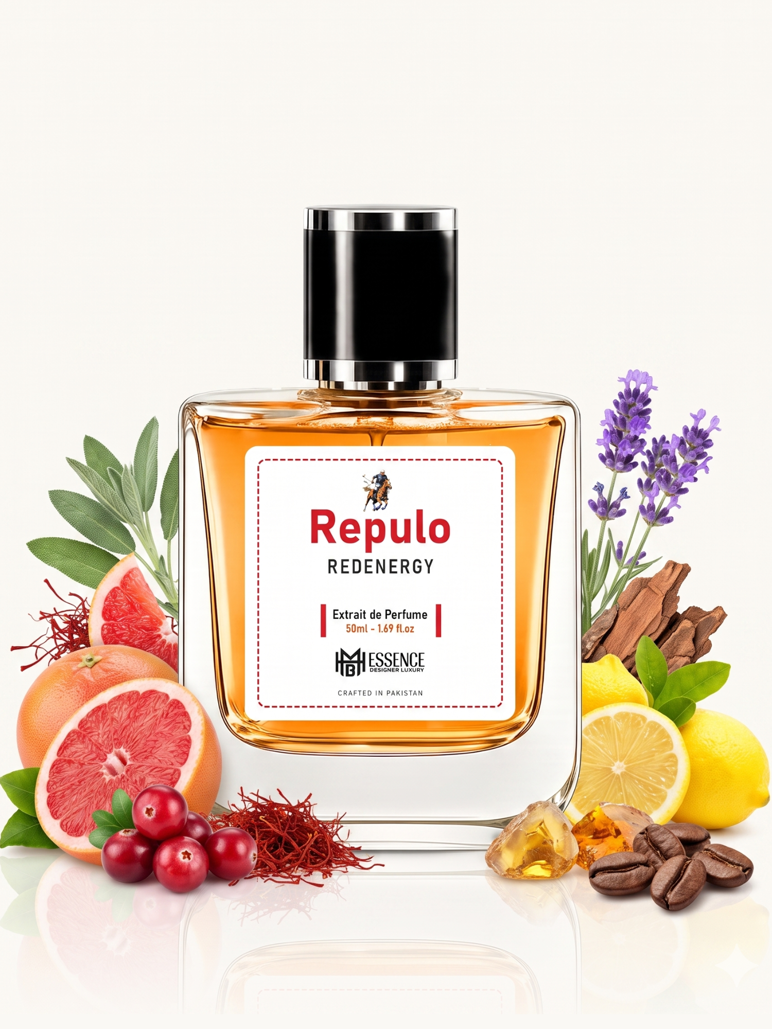 Repulo Redenergy scent notes — Red Grapefruit, Cranberry, Italian Lemon, Red Saffron, Sage, Lavender, Redwood, Amber, Coffee — MHB Essence