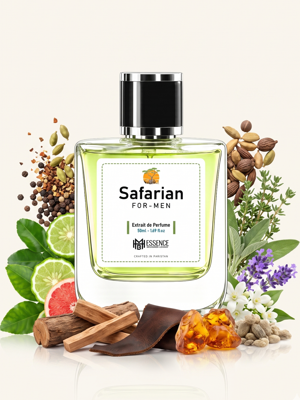 Safarian For-Men scent notes — Green Notes, Citrus, Spices, Herbs, Florals, Woods, Leather, Amber, Musk — MHB Essence