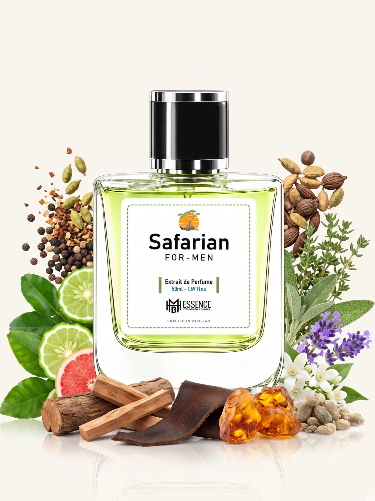 Safarian For-Men scent notes — Green Notes, Citrus, Spices, Herbs, Florals, Woods, Leather, Amber, Musk — MHB Essence