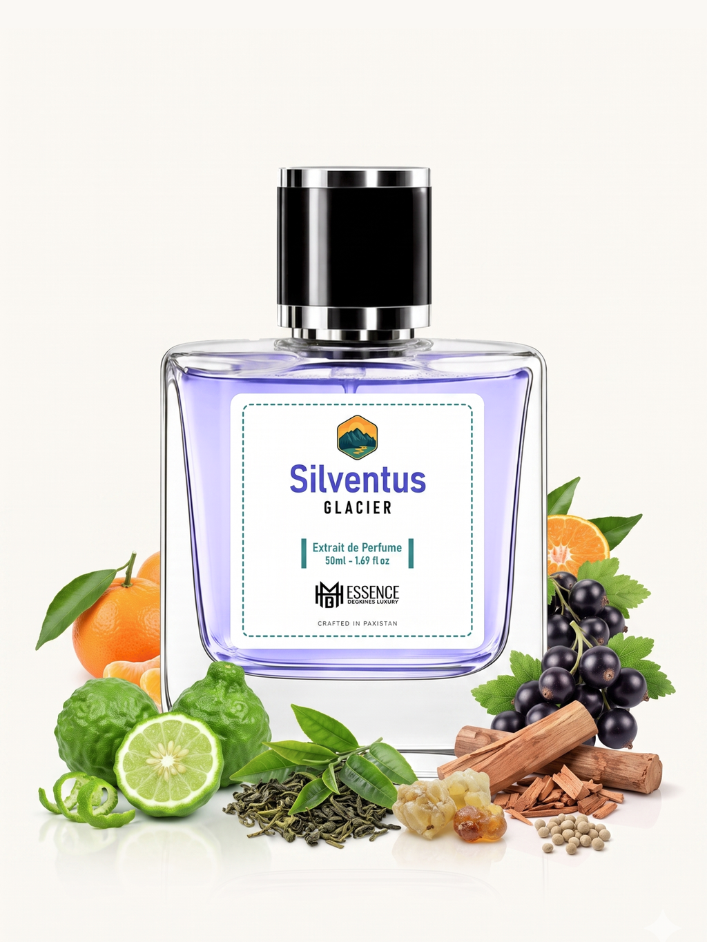 Silventus Glacial scent notes — Bergamot, Mandarin, Green Tea, Blackcurrant, Galbanum, Sandalwood, Musk — MHB Essence