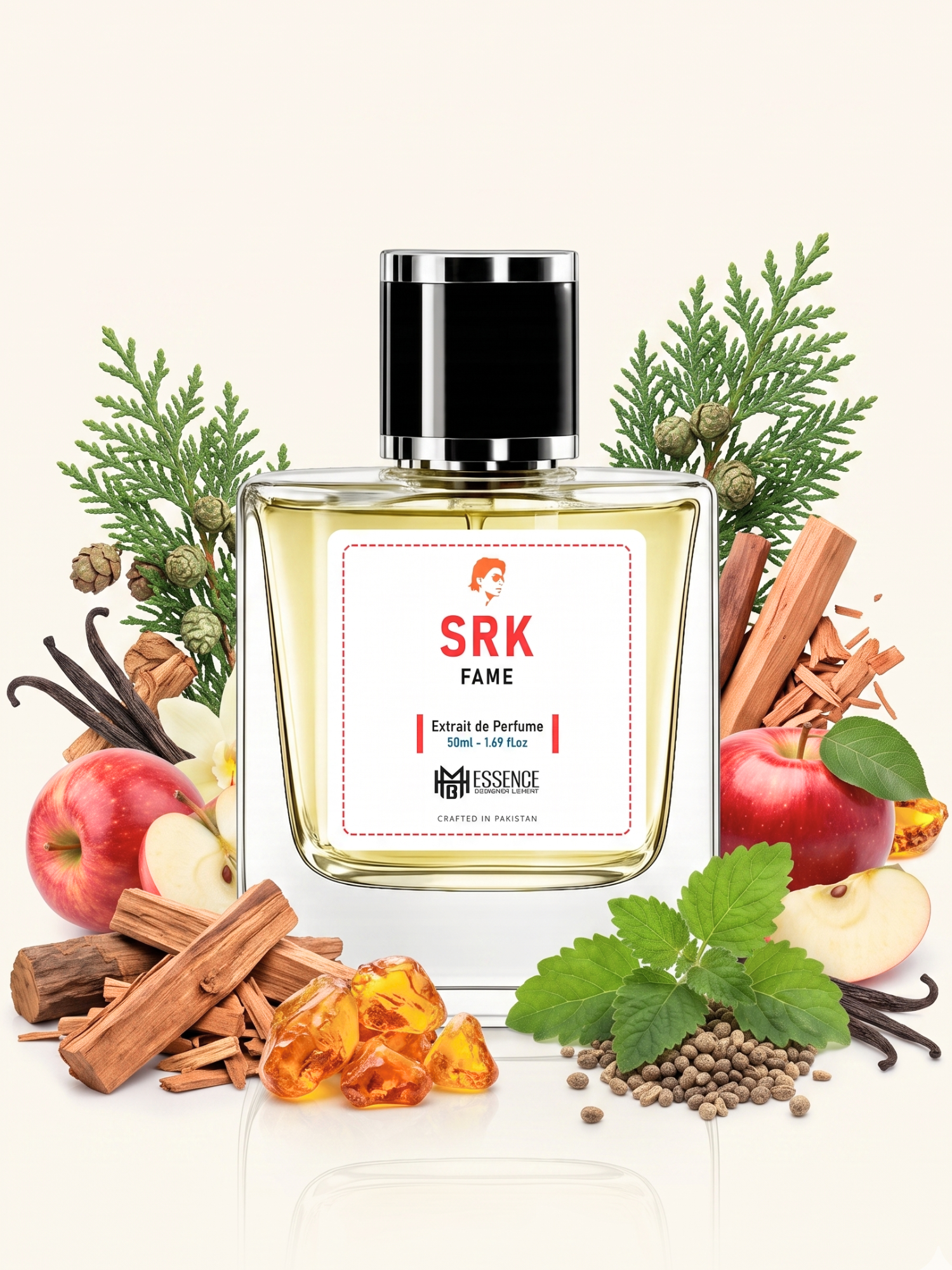SRK Fame scent notes — Sandalwood, Cypress, Red Apple, Vanilla, Teakwood, Musk, Amber, Patchouli — MHB Essence