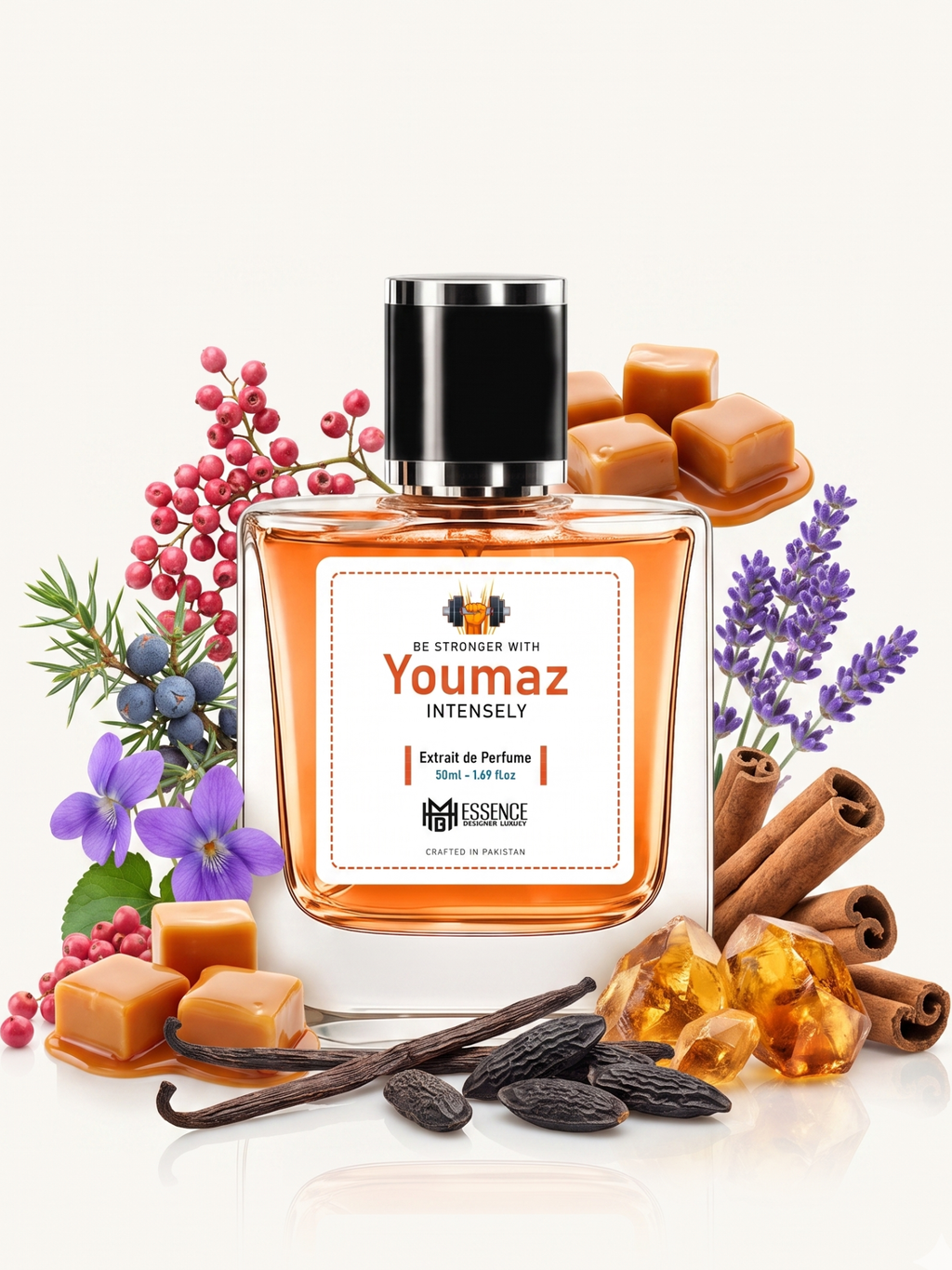 Youmaz Intensely scent notes — Pink Pepper, Juniper, Violet, Toffee, Caramel, Lavender, Cinnamon, Vanilla, Tonka Bean, Amber — MHB Essence