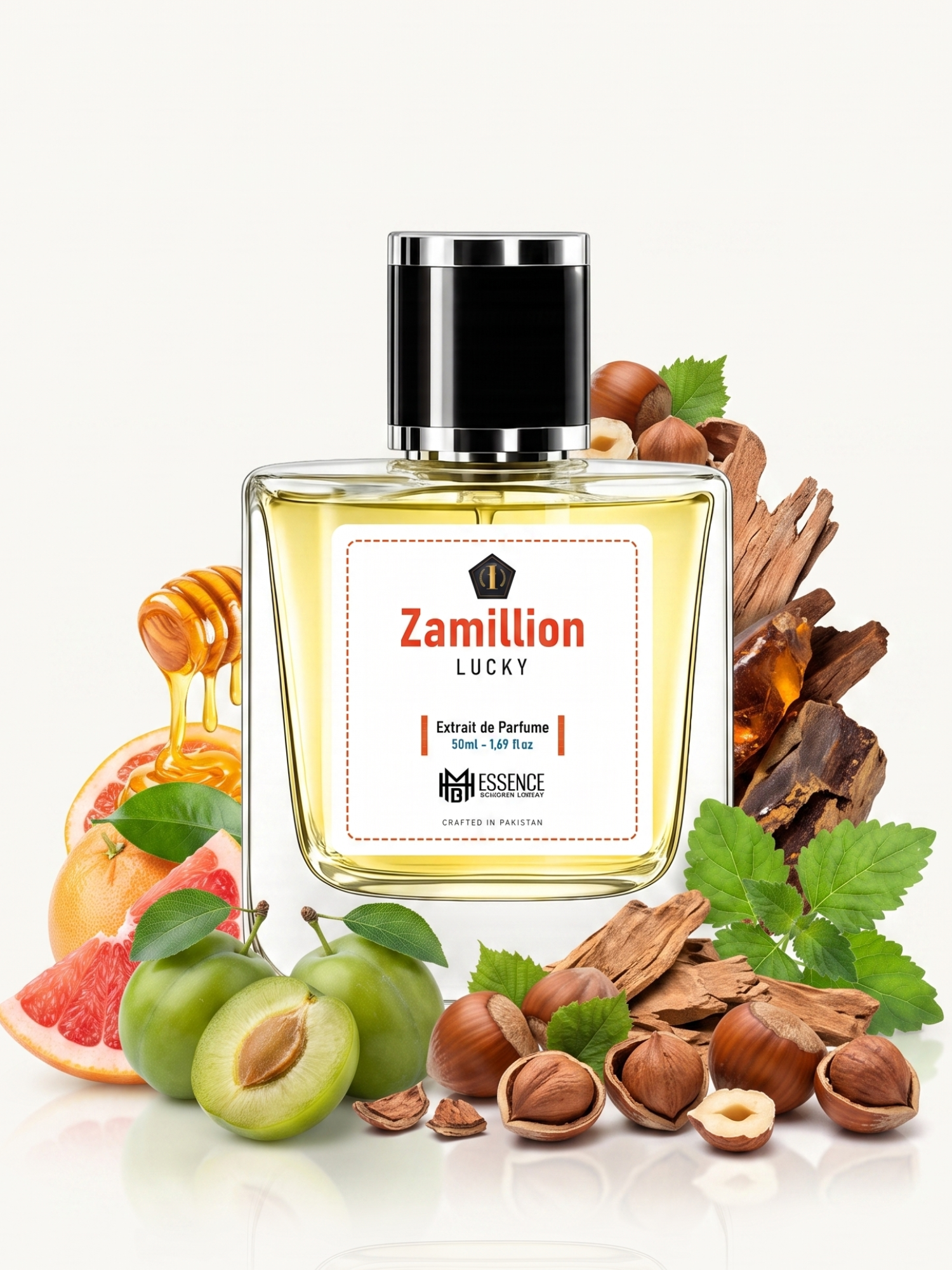Zamillion Lucky scent notes — Ozone, Green Plum, Grapefruit, Hazelnut, Honey, Cedarwood, Amberwood, Patchouli — MHB Essence
